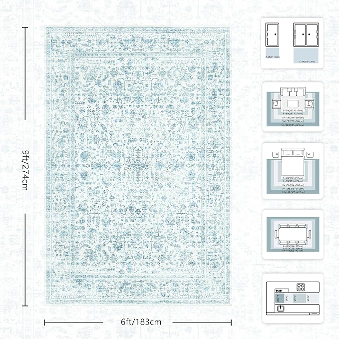 6x9 Area Rugs, Washable Vintage Retro Floral Rug for Living Room, Low Pile Non Slip Distressed Large Carpet for Bedroom, Dining Room, Office, Home (Blue)