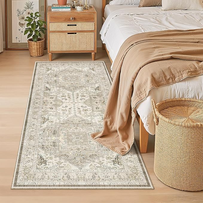 Madane Washable Runner Rug 3x6 Runners for Hallways Non Slip, Ivory/Brown | Vintage Stain-Resistant 6 Feet Kitchen Rug, Soft Low-Pile Ultra-Thin Floor Carpet Mat for Bathroom Laundry Room Bedroom 2x6ft