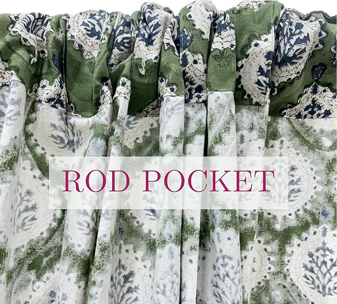 ATOSII 100% Cotton Single Panel Floral Block Print Curtain, Easy Hanging with Rod Pocket & Loop, Living Room, Dining Room, Bedroom Light Filtering Boho Curtains, Set of 1, 60" W X 84" L, Kari Green