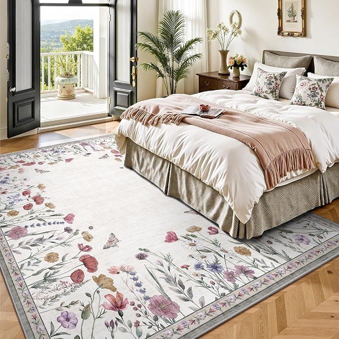 6x9 Area Rugs, Washable Floral Area Rugs for Living Room, Indoor Area Rug for Bedroom, Dining Room, Low Pile Non-Slip Non Shedding Rugs(Classic Beige)