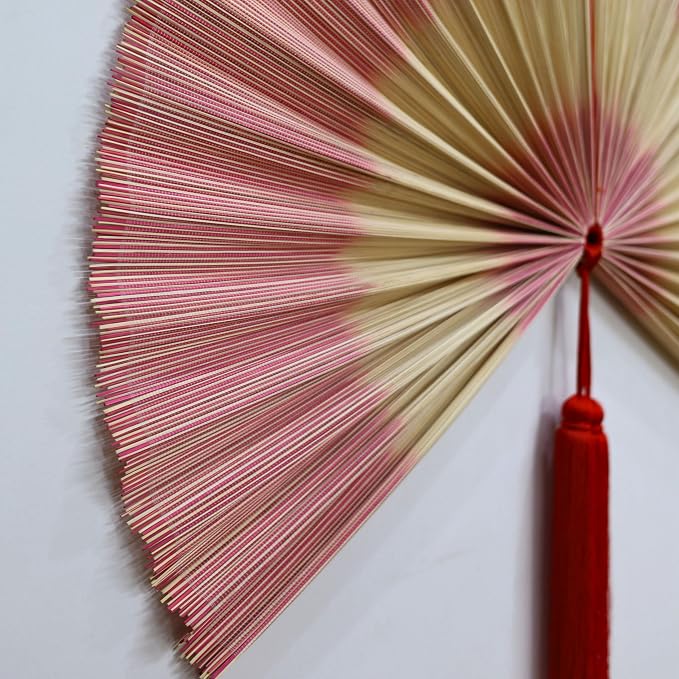 SUCHUBU Bamboo Wall Fan, 40" Pink Handwoven Decor Fan, Large Asian Wall Hanging Aesthetic Fan Art, Boho Chic Bedroom Decor, Natural Bamboo Weaving (Whitepink, Medium)