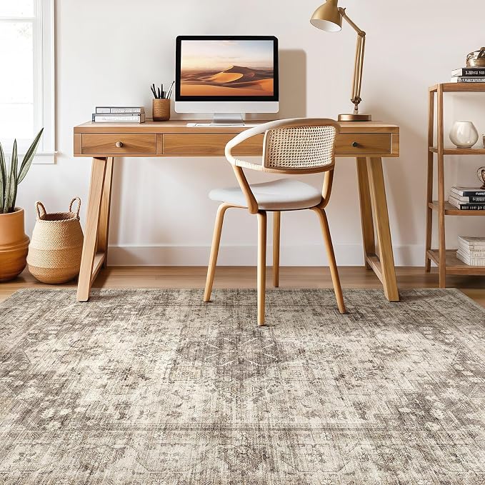 10x14 Area Rugs Living Room: Washable Boho Large Neutral Vintage Soft Rug Stain Resistant Farmhouse Non Slip Indoor Floor Carpet for Bedroom Nursery Kids Playroom Office Dining Room- Tan