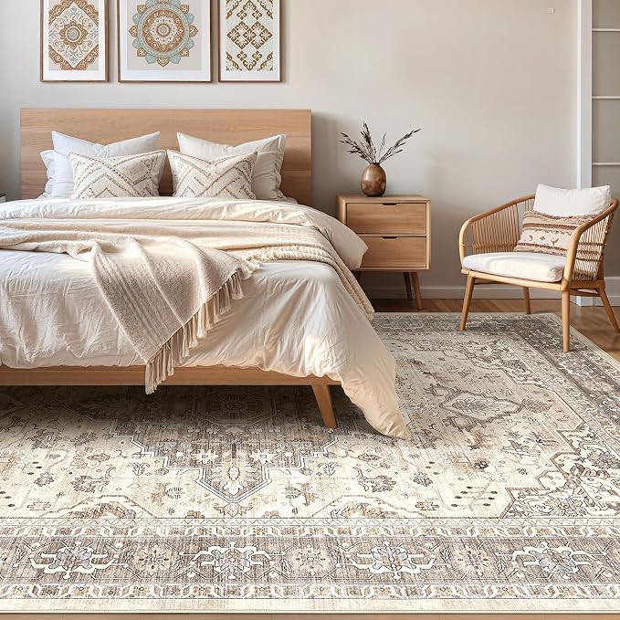 LOONGRUG 12x18 Rug Living Room: Washable Boho Large Neutral Vintage Soft Rugs Stain Resistant Farmhouse Non-Slip Indoor Floor Carpet for Bedroom Nursery Kids Playroom Office Dining Room- Beige Brown