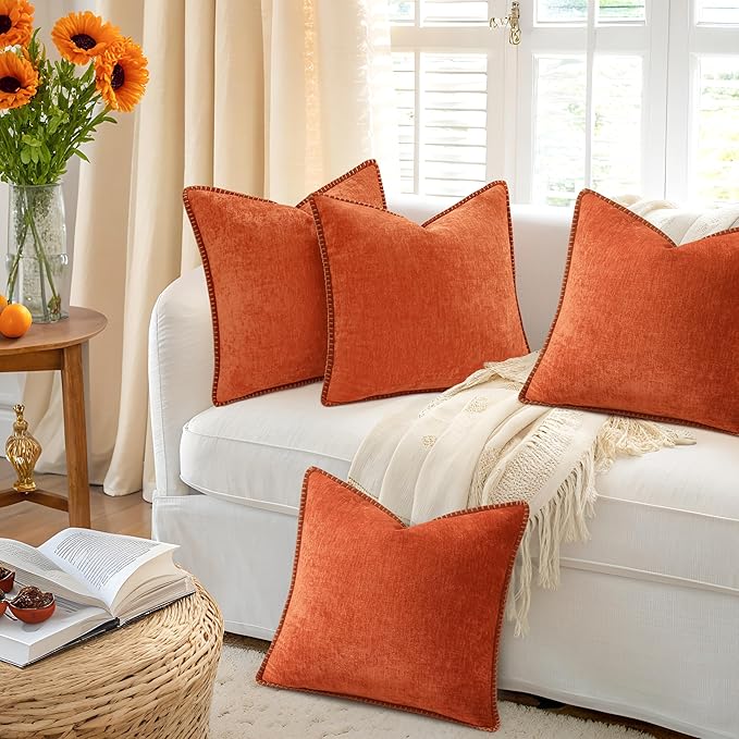 decorUhome Set of 4 Throw Pillow Covers 18x18 Inch Decorative Soft Chenille Pillow Covers Farmhouse Neutral Cushion Covers with Stitched Edge for Couch Sofa Bed Living Room, Burnt Orange