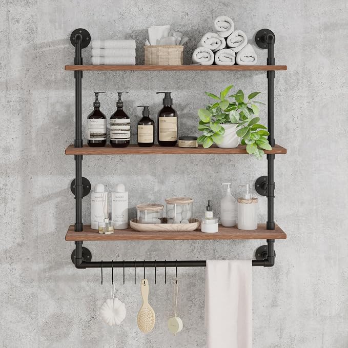 ROGMARS Industrial Pipe Shelving Bathroom Shelves with Towel bar | 24 inch Pine Wood Floating Shelves for Wall Mounted Bedroom,Kitchen, Farmhouse, Living Room 3 Tier
