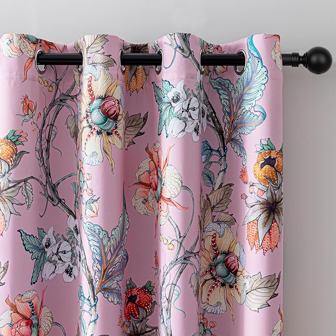 MYSKY HOME Floral Blackout Curtains 63 Inch Long Bedroom Black Out Thermal Insulated Privacy Protect Curtain Flower Patterned Fancy Cottage Core Grommet Drapes for Girls Room Nursery, Pack-2, Pink
