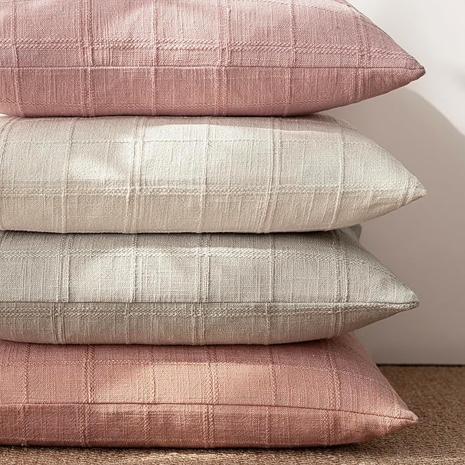 Foindtower Set of 2 Decorative Linen Check Throw Pillow Covers Neutral Farmhouse Vintage Cushion Covers Modern Boho Accent Home Decor for Sofa Chair Couch Bedroom Living Room,24×24 Inch,Coral Pink