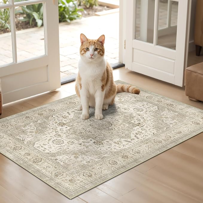 Roxstand 2x3 Washable Entryway Area Rug, Ivory/Beige | Low-Pile Carpet, Non-slip Backing, Stain Resistant, Rug for Kitchen, Laundry Room, Entryway, Vintage Design