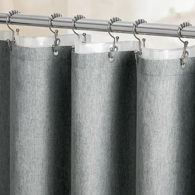 BTTN 3 in 1 Shower Curtain Set - 96 Inch Extra Long Linen Textured Cloth Shower Curtain Liner with Plastic Hook, Modern Hotel Luxury Waterproof Fabric Shower Curtain for Bathroom, Grey/Gray, 72x96