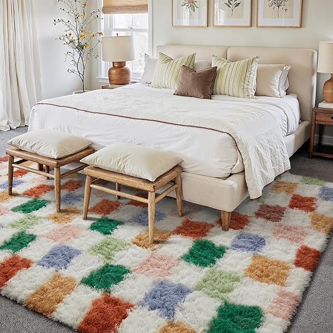 PureCozy 8'x10'+2'x6 Colorful Shag Rug Set of 2 with Runner for Living Room Bedroom Home Aesthetic Decor
