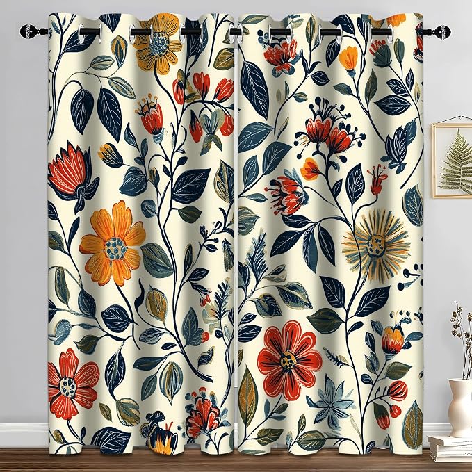 iTapnoom Floral Leaves Blackout Curtain, Red Yellow Boho Flowers Aesthetic Art Window Curtains Darkening Thermal Insulated Grommet Window Drapes for Living Room Bedroom Decor 2 Panels 52x84 Inches