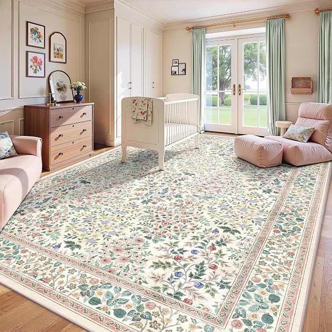 8x10 Area Rugs, Machine Washable Low Pile Floral Rugs for Living Room, Bedroom, Large Boho Area Rug with Non-Slip Backing for Dining Room(Pink Floral)