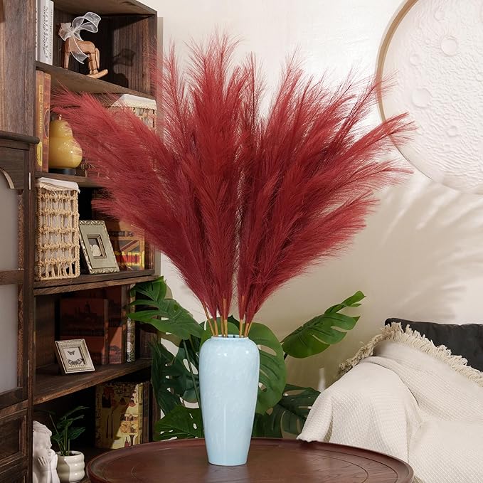 Premium Faux Ruby Red Pampas Grass – 43.3" Tall Fluffy Vibrant Decor, 8pcs 18-Branch One-Piece Stems No Assembly, Luxury Silk-Feel Feather Flowers for Bold Boho Decor, Jewel Tone Red 8 Stems110cm