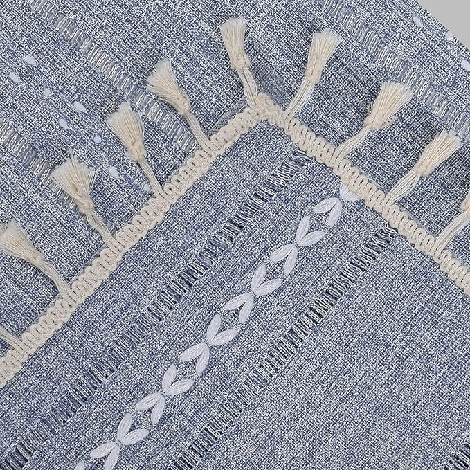 RoomTalks Boho Curtains for Bedroom Living Room 84 Inch Length Blue Country Farmhouse Cotton Polyester Window Curtain Panels Embroidery Striped Bohemian Tassel Draperies (84’’L x 52’’W, Blue)