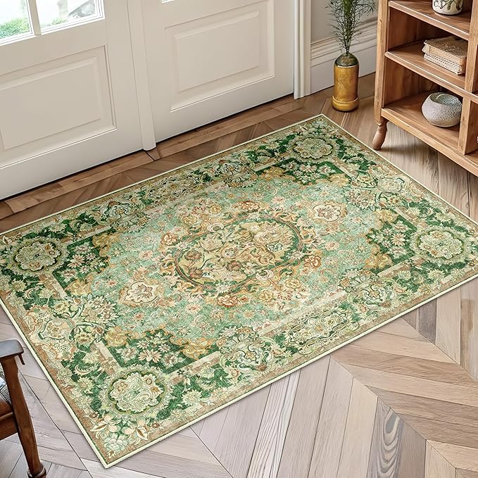Boho Vintage Floral Area Rug 2x3, Low Pile Non Slip Washable Rug for Entryway Bathroom Bedroom, Small Decorative Carpet, Sage Green
