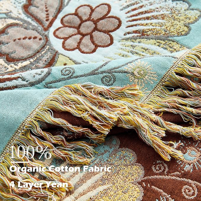 VANJOROY King Boho Throw Blanket 91" x 98", 100% Organic Cotton Breathable Skin-Friendly Ultra Soft Bed Quilt Blue Throw - Floral Rustic Decor Luxury Reversible Blanket for Sofa Couch Chair and Gift