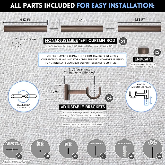 BlastHome® Non-Adjustable Luxury Extra Long Curtain Rod, 1 ¼” Rod Set, 13 foot Fixed Length (Three Rods Connect for a Seamless Look), Oil Rubbed Bronze