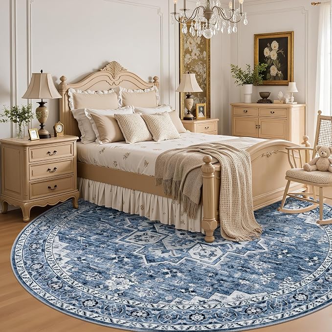 Round Area Rug for Living Room: 4 ft Washable Vintage Boho Soft Thin Circle Rug Indoor Floor No Slip Stain Resistant Carpet for Bedroom Dining Room Farmhouse Nursery Home Office - Blue
