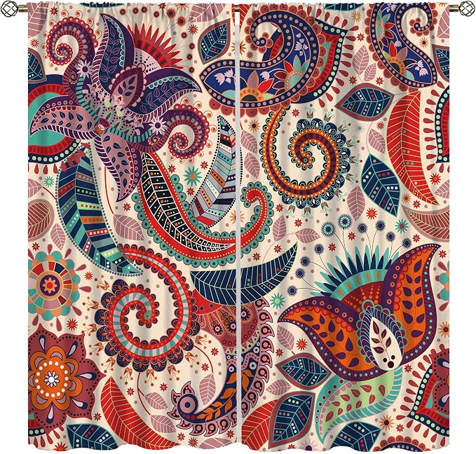 Boho Decorative Curtains Bedroom Living Room Rod Pocket Curtains, Vintage Boho Grill Floral Pattern 2 Panel Set, 52x84 in.