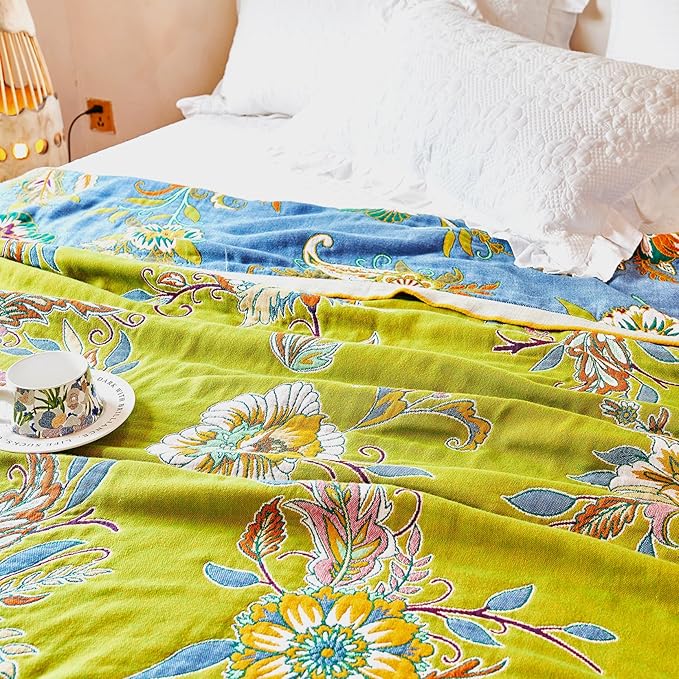 VANJOROY Boho Throw Blanket 50" x 60", 100% Organic Cotton Breathable Ultra Soft Bed Quilt Throw - All Season Luxury Floral Farmhouse Decor Blanket for Sofa Couch Chair and Gift. Green/Blue