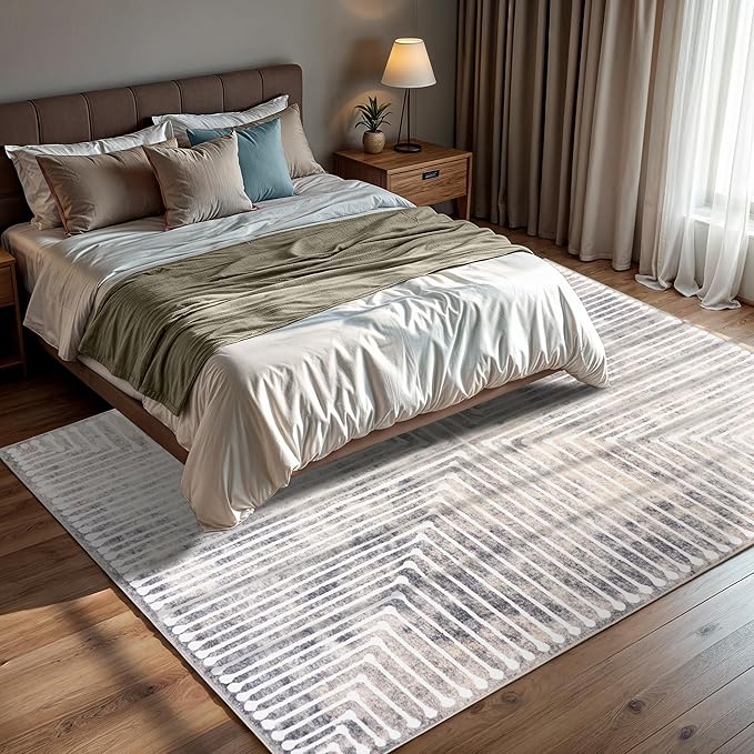GLN Rugs Contemporary Collection - Machine Washable Area Rug, Contemporary Washable, Non Slip, Low Pile Chenille Rug, Living Room, Bedroom, Kitchen Rug (3' x 5' Lines Cream)