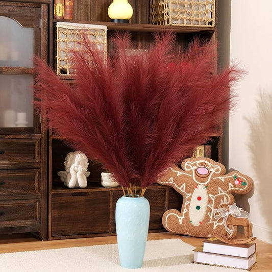 Premium Faux Burgundy Red Pampas Grass – 43.3" Tall Fluffy Romantic Decor, 8pcs 18-Branch One-Piece Stems No Assembly, Luxury Feather Flowers for Wedding Holiday Decor (Claret Red, 8 Stems / 110cm)