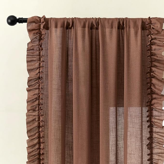 Dark Terracotta Linen Blend Curtains for Bedroom, 2 Panels W47 x L72 Inch Light Filtering Semi-Sheer Flowy Ruffled Curtains Rod Pocket Vintage French Country Shabby Chic Vintage Privacy Window Drapes