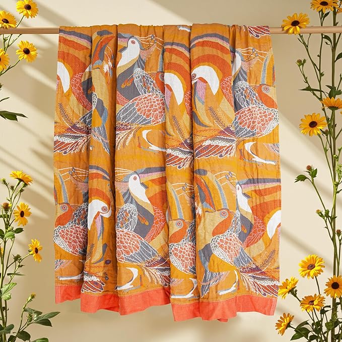 VANJOROY Boho Large Throw Blanket, 100% Organic Cotton Breathable Soft Bed Throw - Floral Bird Farmhouse Decor Blanket for Sofa Couch Chair Quilt and Gift. 91" x 98"- Colorful