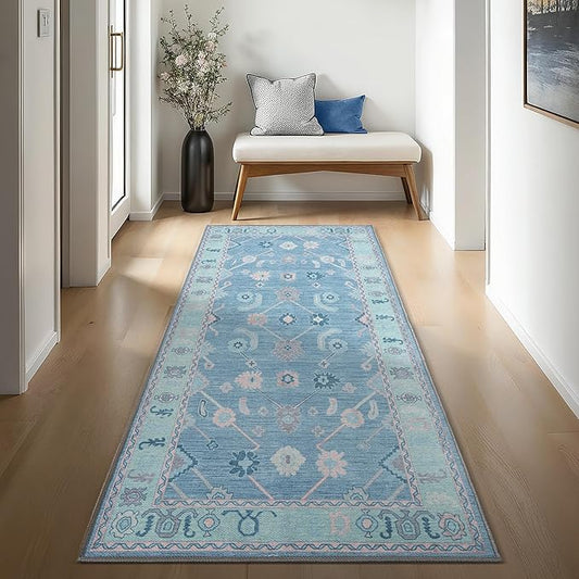 Teal Blue Oushak Long Hallway Runner Rug 2'5x12' - Boho Washable Non-Slip Runner Rugs, Vintage Turkish Eclectic Extra Long Runner Rugs for Hallway Kitchen Entryway Foyer Corridor