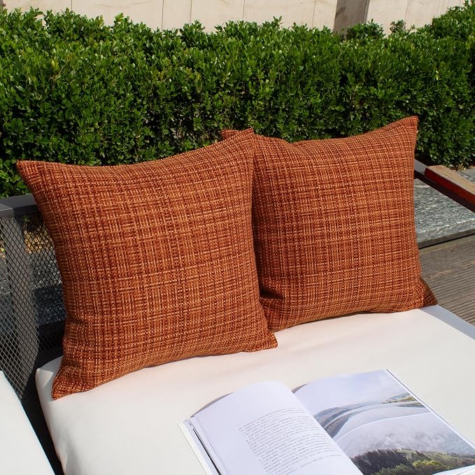 Kevin Textile Outdoor Waterproof Throw Pillow Covers 26x26 Inch Pack of 2 Woven Faux Linen Farmhouse Decorative Euro Shams Water Resistant Cushion Covers for Tent Patio Garden Couch Sofa Burnt Orange