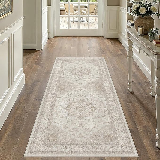 PureCozy Beige Runner Rug 2x5 Washable Vintage Carpet Hallway Kitchen Soft Retro Low Pile Thin Indoor Bedroom Non Slip Oriental Medallion Long Throw Rug for Bathroom Laundry Dining Room