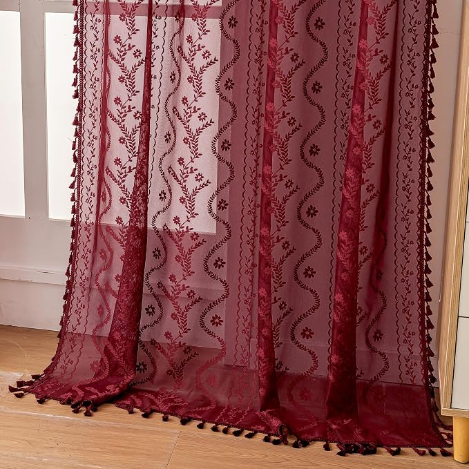 WAZZIO Boho Lace Curtains 2 Panels 84 Inch -Victorian Sheer Panel Drape French Country Floral Pattern & Tassel Light Filtering Privacy for Bedroom Dining Living Room,Burgundy Red,W52x L84