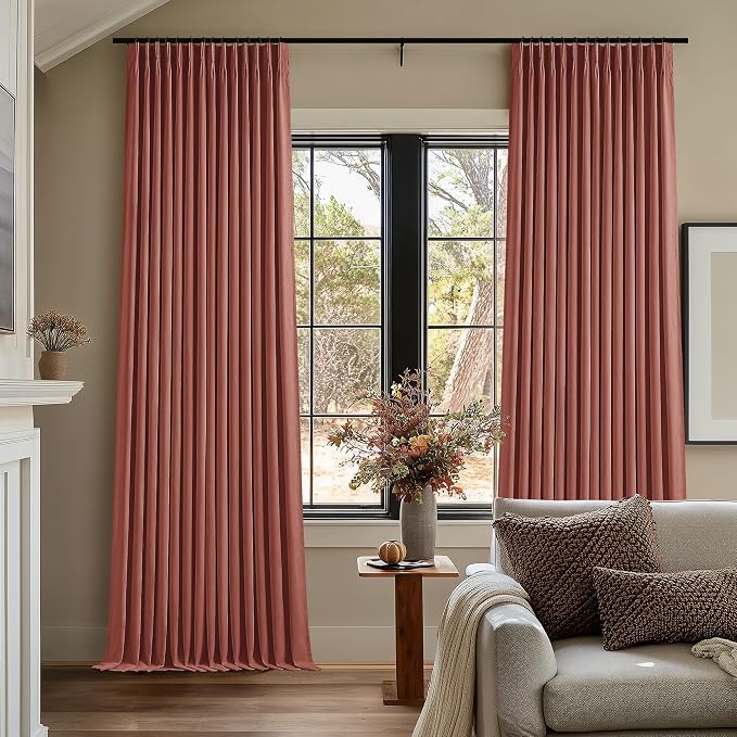 Terracotta Blackout Linen Curtains 108 Inches Long for Bedroom Pinch Pleated Black Out Curtains Lined 2 Layers Memory Shape Noise Reducing Rustic Farmhouse Fall Living Room Darkening Window Drapes
