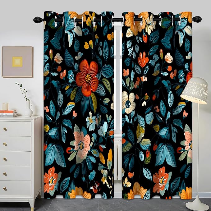 iTapnoom Black Blue Leaves Floral Blackout Curtain, Flowers Aesthetic Art Curtains Darkening Thermal Insulated Grommet Window Drapes for Living Room Bedroom Decor 2 Panels 52x84 Inches