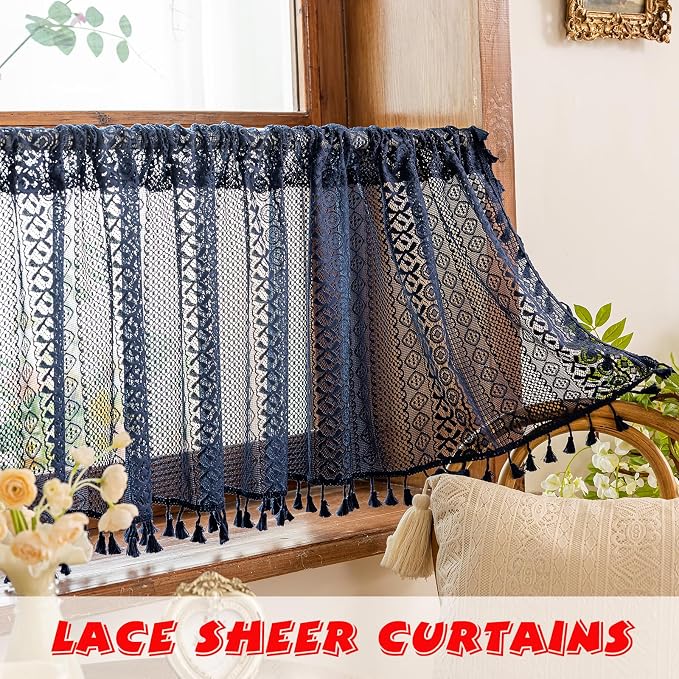 Sutuo Home Navy Blue Boho Curtains Valance 18 Inches Long for Kitchen Cafe, Sheer Lace Short Curtains Bohemian Crochet Privacy Macrame Vintage Tassels Cottagecore Closet Decor Rod Pocket,2 Panels 50"W