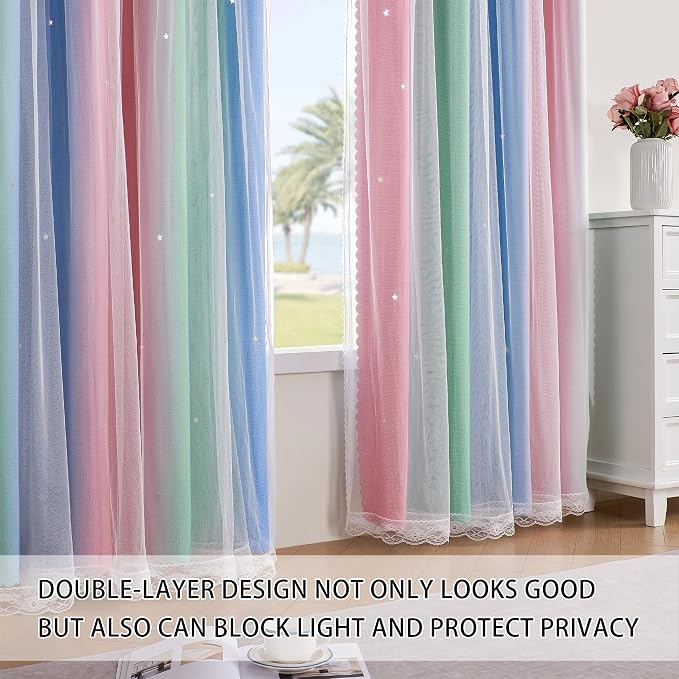 XiDi Short Curtains for Girls Bedroom Decor Kids Blackout Curtains for Nursery Room Darkening Rainbow Princess Unicorn Wall Decals Little Girl Pink Green Blue 52x45 Inches Long 2 Panels Set