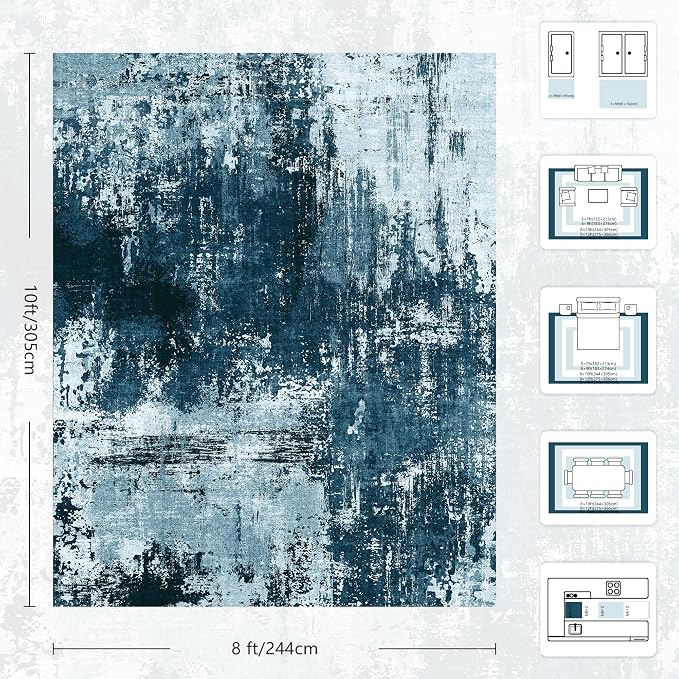 8x10 Rugs for Living Room - Modern Abstract Washable Rug, Ultra Soft Non Slip Low Pile Large Rugs, Floor Carpet for Bedroom Dining Room Office Laundry Nursery Home（Ocean Blue）