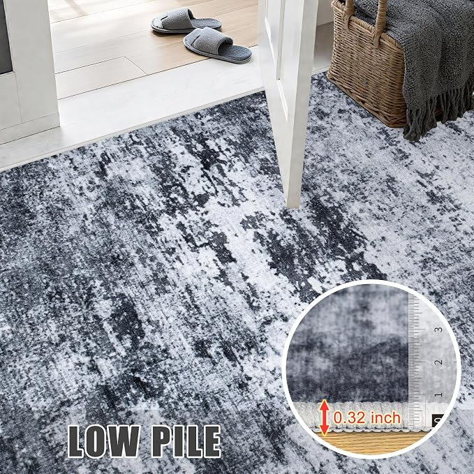 Washable Area Rug 3x10 Entryway Rug: Washable Modern Abstract Soft Thin Rug Indoor Floor No Slip Stain Resistant Carpet for Bedroom Dining Room Farmhouse Nursery Home Office - Black