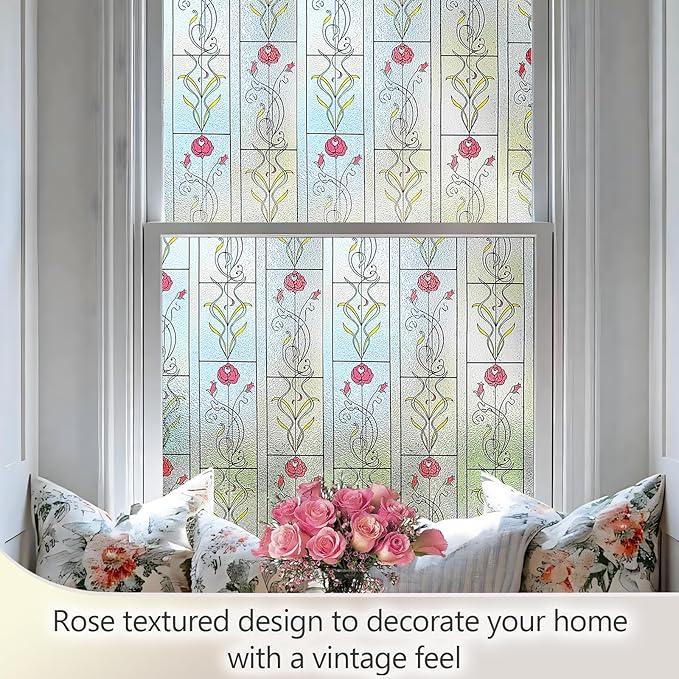 KESPEN WINDOW FILMS Window Privacy Film Stained Glass Frosted Glass Films Decorative Window Film with Rose Flower Static Cling Non-Adhesive Stickers Heat Control for Home, 35.4 Inch X 13.1 Feet