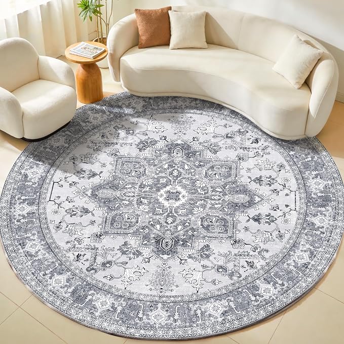 OPPODREAM Soft Round Rug 8ft, Play Room Rug, Washable Circle Rug 8ft with Non Slip Backing, Small Low-Pile Area Rugs 8 ft, Faux Cashmere Throw Carpet, Grey