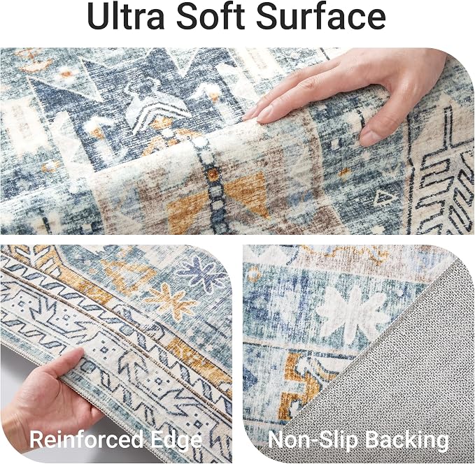 befbee Washable Rug 8x10 Area Rugs for Living Room - Stain Resistant Non-Slip Backing Rugs for Bedroom - Vintage Large Area Rug (Blue/Gold, 8'x10')