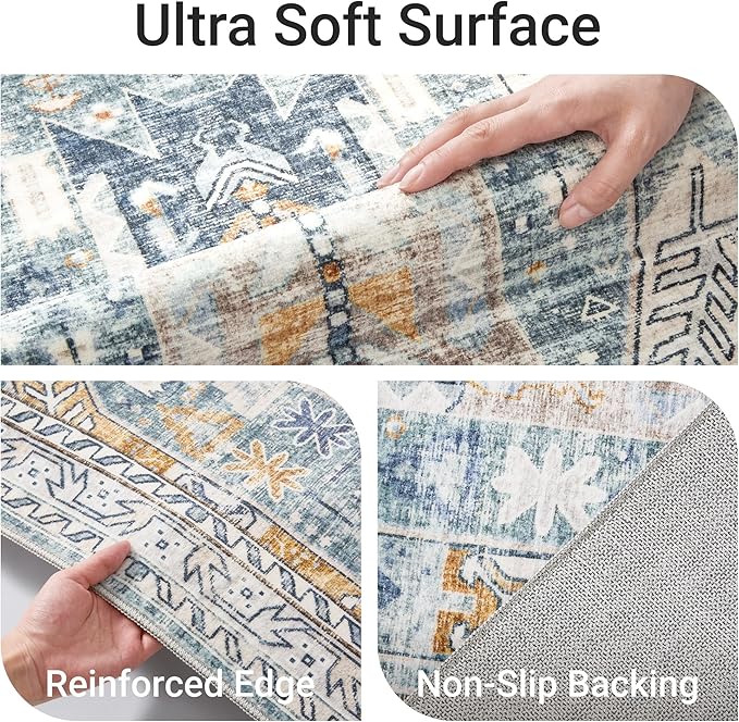 befbee 6x9 Area Rugs for Living Room - Stain Resistant Machine Washable Rugs for Bedroom,Non-Slip Backing Large Area Rug (Blue/Gold, 6'x9')