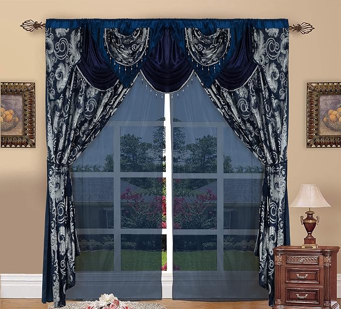 GLORY RUGS Jacquard Luxury Window 2 Panel Set Navy Curtain with Attached Valance and Backing Bedroom Living Room Dining 2 Curtains 55x84 inches Each Jana