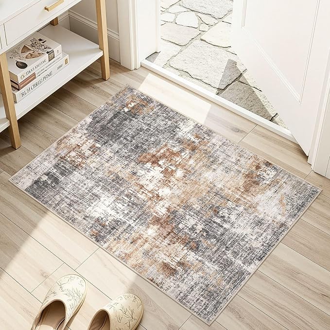 DMOYEST 2x3 Entryway Area Rug: Washable Neutral Modern Abstract Small Rug - Non-Slip Low Pile Throw Indoor Carpet for Entrance Kitchen Front Door Mat Bathroom Entry Kids Room - Grey Brown