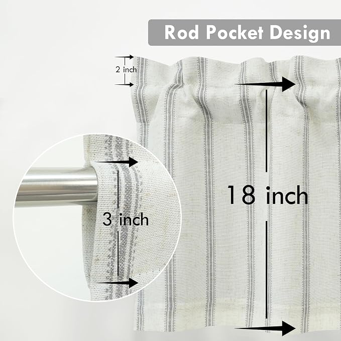 DriftAway Farmhouse Linen Lined Valance Double Layer Thermal Insulated Room Darkening Blackout Window Valances 3 Inch Rod Pocket Vertical Striped Kitchen Valance for Bathroom Single 52 x 18 Inch Gray