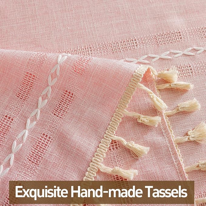 Pink Curtains for Girls Bedroom 2 Panels,Light Pink Nursery Curtains 84 Inches Long,Bohemian Beige Tassels Light Filtering Curtains Shabby Chic Embroidery Striped Draps Back Tab, 50" W