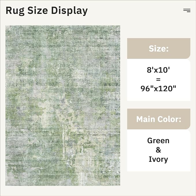 Soalmost Abstract Rug 8x10 Large Living Room Rugs Neutral Modern Washable Area Rugs for Bedroom Dining Room Non-Slip Stain Resistant Foldable Thin Rug Green