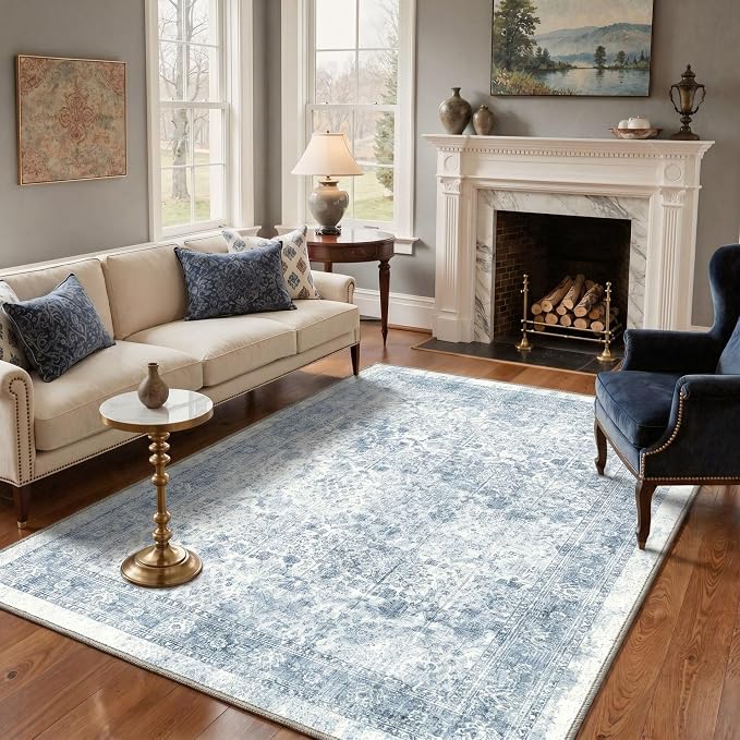 Bavni 2.6x6 Rug Runners for Hallways, Washable Runner Rug Non Slip,Vintage Floral Print Style Rugs for Bedroom-Lightweight Low Pile Carpet for Hallways Bathroom, Light Blue