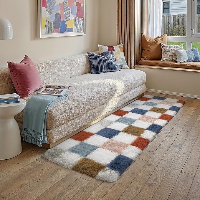 PureCozy Checkered Area Rug 2x6 for Bedroom, Modern Rainbow Shag Rug Super Soft Runner Carpet Washable Fluffy Rugs for Living Room Bedside Sofa Home Dorm Decor Aesthetic