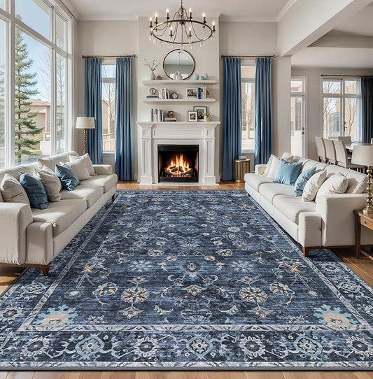 Tangsoo 10x14 Large Area Rug for Living Room, Non Slip Machine Washable Rug for Bedroom, Boho Distressed Vintage Blue Floral Rugs, Soft Indoor Floor Carpet Mat for Office Kitchen Farmhouse Home Decor